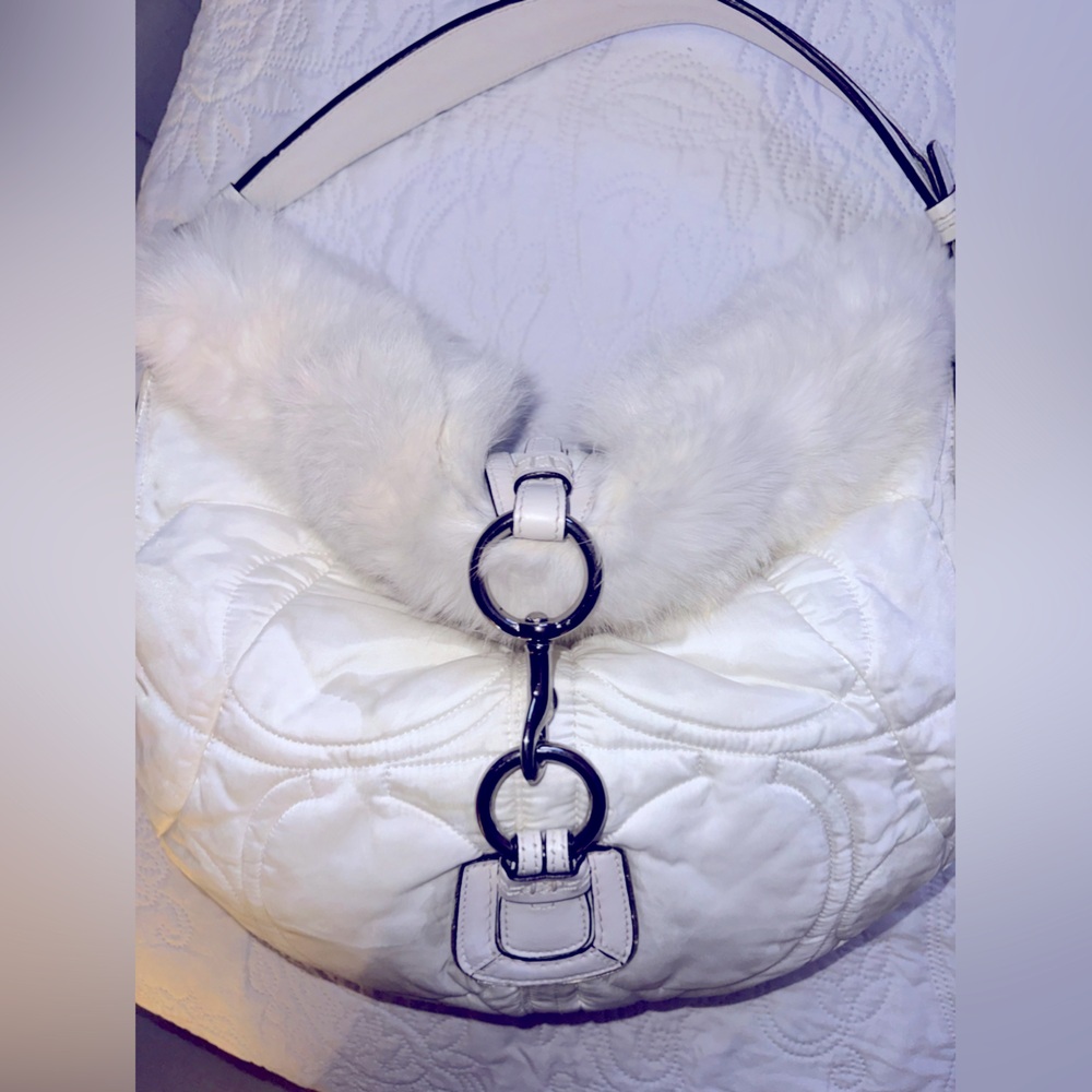 COACH White Signature C Quilted Nylon Rabbit Fur Trim Satchel Purse